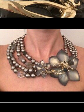 New Alexis Bittar Lucite Floral Multi-Strand Necklace with Semi-Precious Stones